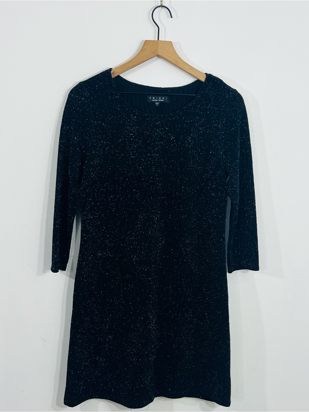 Trixxi Black Glitter Knit Sheath Dress Round Neck 3/4 Sleeve Stretch Size L